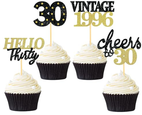 24 Pièces 30 Ans Anniversaire Décoration Cupcake Toppers (Noir&Or-1996) | Décoration Anniversaire 30 Ans,30 ans Decoration Gateau Anniversaire,Scintillantes 30 Ans Cupcake Toppers