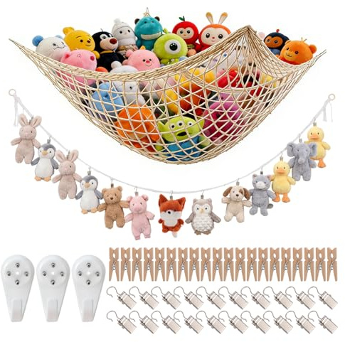Kuscheltier Aufbewahrung, Kuscheltier Netz, 2M Hängender Stofftier Halter | Enthält 20 Metallklammern, 20 Holzklammern, Plüschtier Stofftier Aufbewahrung für Kinder Zimmer Möbel
