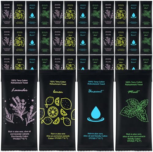 Lot de 40 serviettes en coton humide emballées individuellement, 22,1 x 22,1 cm, blanches, serviettes de rafraîchissement pré-humidifiées lavande, citron, menthe et non parfumées pour fête sportive