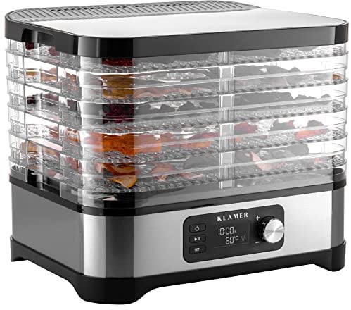 KLAMER Dörrautomat 400W, 24h-Timer und 35-70°C, 5 höhenverstellbare Fächer | Für Obst, Gemüse und Beef Jerky, Abschaltautomatik gegen Überhitzung, BPA-freies Edelstahlgehäuse