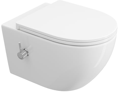 Dusch WC Spülrandlos mit Integrierter Düse, Taharet WC mit mit Kalt-/Warm Wasser Armatur, Hänge WC rund, Wand WC weiß mit Nano, Toilette mit Klodeckel mit Absenkautomatik, WC mit Bidet Funktion