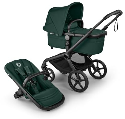 Bugaboo Fox 5 Renew, 2-in-1 Kinderwagen für jedes Gelände, mit Liegewanne | ausziehbarer Kleinkindsitz, praktische Ein-Hand Faltung, Fahrgestell in Schwarz und Sonnendach in Fern Green