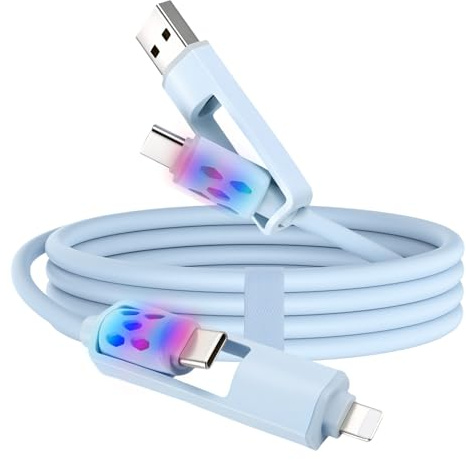 Aceyoon Cable de Carga Múltiple 4 en 1, Cable de Carga Rápida USB de 60 W con Iluminación LED RGB, USB-A/Tipo C a Tipo C/Lighting para iPhone, Samsung, MacBook, Tabletas y Ordenadores