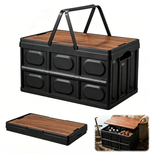 30L Klappbox Faltbar Stabil, Campingbox mit Holzdeckel 43×30×24cm Schwarz | Robuste PP Aufbewahrungsbox, faltbarer Kofferraum Organizer & Picknickkorb für Camping und Ausflüge
