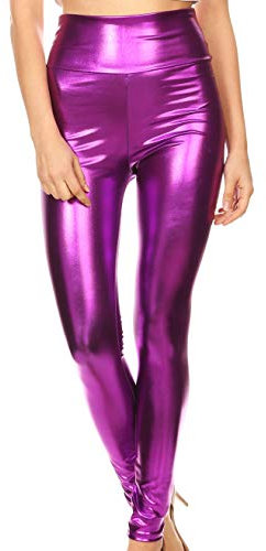 Sakkas 2616 -Leggings stretch a vita alta metallizzato liquido lucido - Made in USA - Viola - Medium