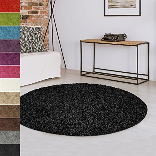 casa pura Teppich rund 200cm Durchmesser, schwarz weicher & Flauschiger Shaggy Hochflor Wohnteppich für Wohnzimmer, Schlafzimmer, Flur, Kinderzimmer Teppich Flur mit Anti-Rutsch Unterseite Barcelona