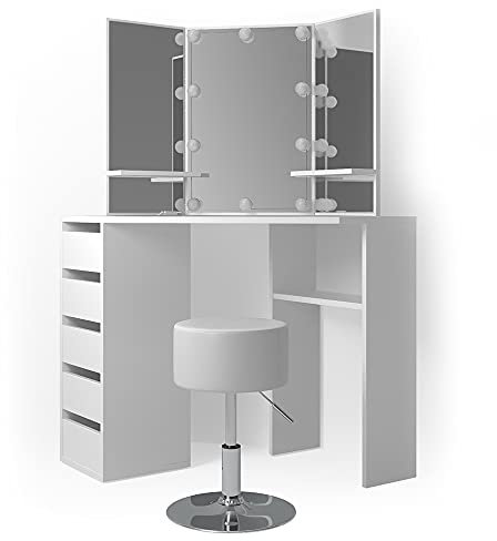 Vicco Frisiertisch für die Ecke Arielle, Kosmetiktisch mit Spiegel, Weiß, 110 cm mit Hocker
