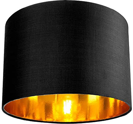 Contemporary and Chic Black Cotton 10 Table or Pendant Circular Drum Lamp Shade with Shiny Golden Inner - 60watt Maximum by Happy Homewares