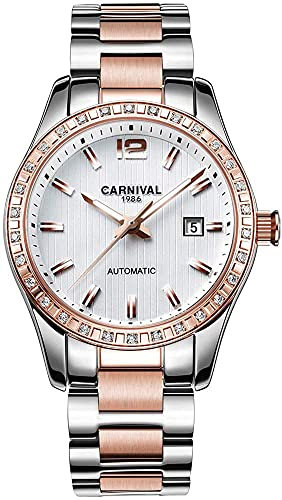 Damen Diamant Automatik Mechanisch Roségold Edelstahl Saphir Wasserdicht Damen Elegant Blau Uhr, Weißes Zifferblatt, Luxuriös