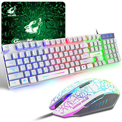 Gaming Tastatur Und Maus Set, Italienisches Layout QWERTY Regenbogen LED Hintergrundbeleuchtung Ergonomische Keyboard 6 Tasten 2400 DPI Maus und Mauspad, USB Verkabelt, Kompatibel mit PS4 Xbox, Weiß