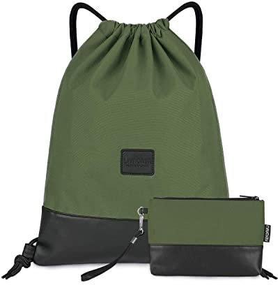 LIVACASA Turnbeutel Mit Reißverschluß Innentasche Sportbeutel mit Leder Hipster Gym Bag Beutel Gefüttert Rucksack Mit Verstellbar Tunnelzug Gymsack Turnsack für Damen Herren Olive mit Geldtasche