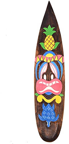 Interlifestyle Deko Surfboard aus Holz 100cm zum Aufhängen mit Tiki Motiv Surfer Deko Surfbrett Polynesien