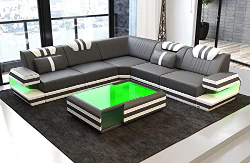 Ecksofa Ragusa Ledersofa L Form Sofa - mit LED Beleuchtung, verstellbare Kopfstützen/Lederfarben wählbar (Grau-Weiß)