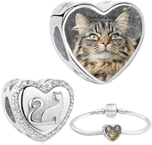 Silber 925 Personalisierter Schmuck Foto-Charm – Kompatibel mit Pandora-Armbändern, Liebe Herz Personalisiertes Geschenk – Fügen Sie Ihr Bild hinzu (Katze)