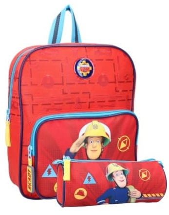 mybagstory - Rucksack – Feuerwehrmann Sam – Rot – Kinder – Schule – Primär – Materal – Stickerei – Krippe – Schulranzen für Jungen – Größe 29 cm – verstellbare Träger + Federmäppchen, rot