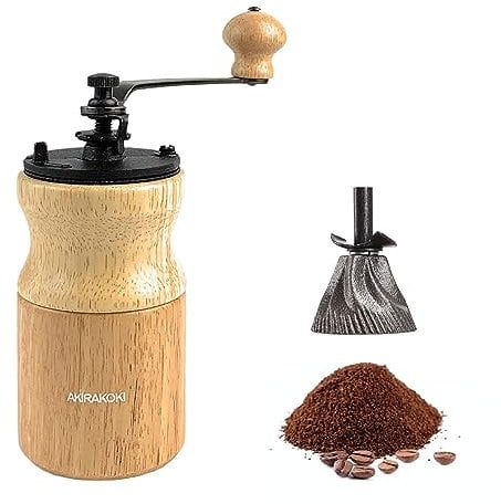 AKIRAKOKI Manual Coffee Bean Grinder Wooden Mill with Cast Iron Burr Hand Crank, Portable Travel Camping Adjustable A17 Natural