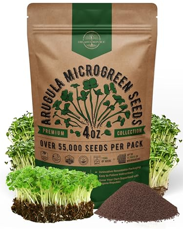 Organo Republic Arugula Sprouting & Microgreens Seeds - 55,000 Non-GMO Heirloom Seeds, Sprouts in 4 oz Resealable Bag for Planting & Growing Microgreens in Soil, Coconut Coir, Aeroponic & Hydroponic