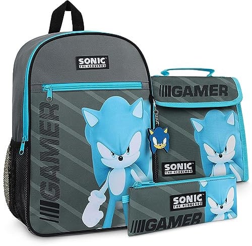 Sonic The Hedgehog Kinder Rucksack 4-Teiliges Set, Enthält Geräumige School Bag, Lunchtasche und Mehr, Langlebig Schul Rucksack mit Verstellbaren, Gepolsterten Gurten, für Sonic-Fans