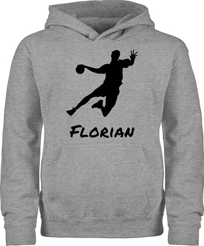 Kinder Hoodie Jungen Mädchen - Geschenke Handball - Handballer Silhouette mit Name - 152 (12/13 Jahre) - Grau meliert - zubehör personalisiertes Pulli von Pullover wm Kapuzenpulli Junge Jungs