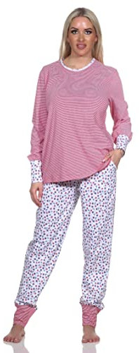 Normann Damen Schlafanzug Langarm mit Bündchen, Oberteil gestreift, Hose floral Bedruckt, Farbe:rot, Größe:56-58
