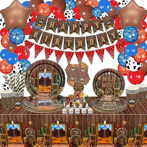 Hegbolke Décorations de fête Cowboy - Décorations de fête à thème Western Cowboy Comprenant des Assiettes, des Serviettes, des bannières, Une Nappe Western, des Ballons, des décorations - Servir 20