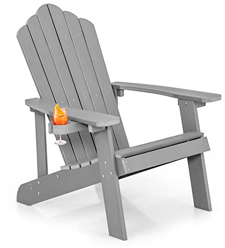 KOMFOTTEU Fauteuil Adirondack, Chaise de Patio Tout Temps avec Porte-gobelet, Charge 150kg, Chaise de Jardin, Sièges en Terrasse, Chaise de feu de Camp, pour Piscine, Balcon, Cour (Gris)