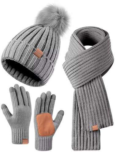 FISFET Mütze, Schal & Handschuhe Set für Damen - Winter Beanie mit Bommel, Fleece Gefüttert, Touchscreen Handschuhe, 3 in 1 Geschenk Set (Grau)