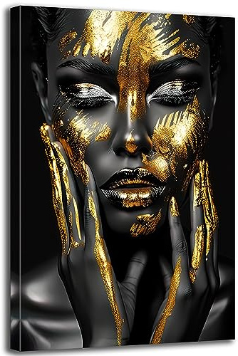 GLOKAKA Black Gold African American Woman Canvas Wall Art Golden Black Woman Prints Poster Picture Pretty Afric Girl Paintings for Bedroom Living Room Home Decor