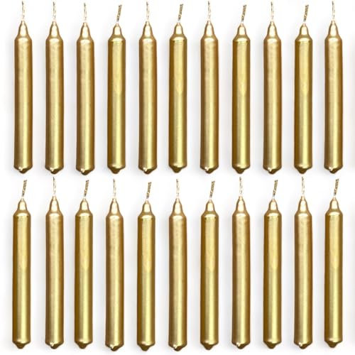 MIJOMA Set Festliche Baumkerzen, Weihnachtskerzen, Pyramidenkerzen, Christbaumkerzen aus Wachs für Weihnachtsbaum, Geburtstagsfeiern und Torten, Lange Brenndauer, Ø11x105 mm (22, Gold Metallic)