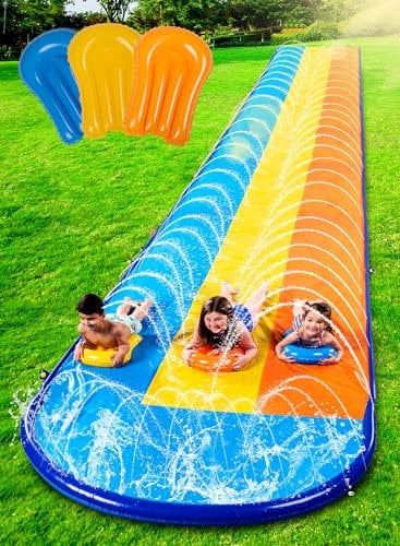 Sloosh 22,5ft/685,8cm Toboggan Triple avec 3 bodyboards, Toboggan Aquatique pour pelouse avec arroseur extérieur pour Enfants et Adultes, Jouet d'été pour s'amuser dans l'eau