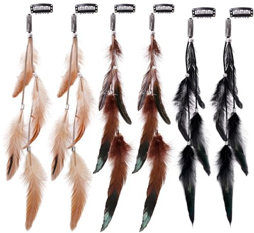 6 Stück Federn Haarextensions Haarspangen Haarverlängerungen Indianer Kopfschmuck Boho Hippie Haarschmuck für Faschingskostüm Karneval Halloween Cosplay Verkleiden Party