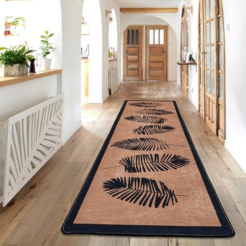 miqna Läufer Teppich, Küchenteppich, Waschbar Küchen läufer, Blattmuster rutschfest Flur Teppich Läufer Beige (Hoja Beige, 80 x 200 cm)