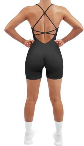 RXRXCOCO Spaghetti Strap Ärmellos Gerippte Push Up Scrunch Booty Jumpsuit Damen Eng Rückenfreie Padded Overall Bauchweg Kurz Yoga Sport Einteiler Romper Schwarz L