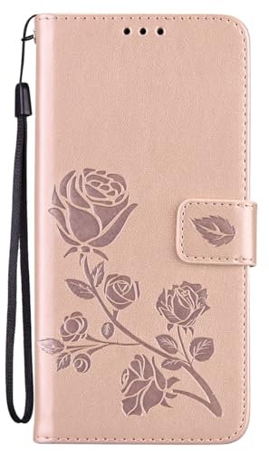Dedux Flip Soporte Plegable Funda para Motorola Moto G84 5G, Hoja y Rosa en Relieve Grabados Carcasa Tipo Libro, de Ranuras para Tarjetas y con Cierre Magnético, Oro Rosa
