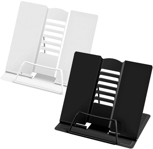 WuGU 2 Pièces Support de Lecture Métal, Support de Livre de Cuisine Réglable, 6 Hauteurs Pliable Porte-Livre pour Livres, Tablette, Recette, Manuel, Partitions, Peinture (Noir+Blanc)