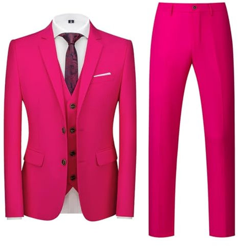 (giacca + gilet + pantaloni) colori pastello slim business lavoro uomini abiti da palcoscenico smoking 3 pezzi, Rosso rosato, L