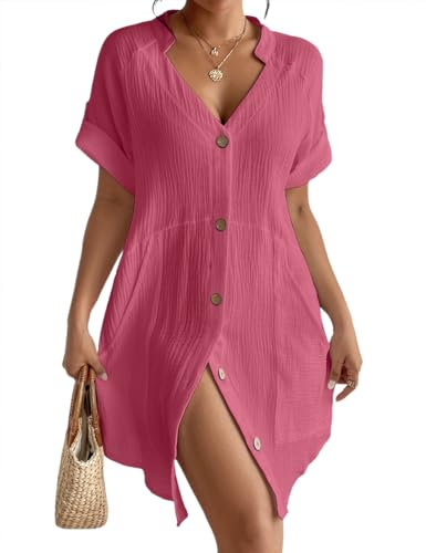 Bsubseach Beachwear for Women Gauze Comfy Bikini Cover Up Button Down Pocket Summer Dress Pink L
