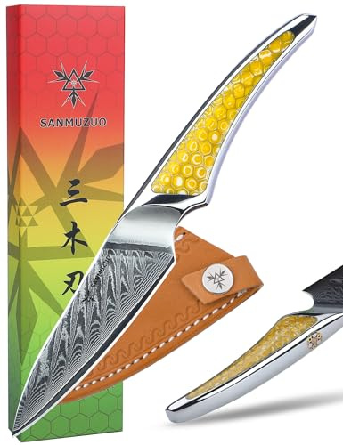 SANMUZUO Coltello da Spelucchino da 9CM, coltello da cucina in acciaio damasco giapponese VG-10, coltello da frutta ultra affilato con impugnatura a codolo intero in resina Giallo, serie LA-S9
