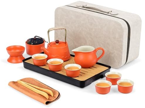fanquare Juego de Té Naranja Japonés de Viaje Tetera de Porcelana Kung Fu con Bandeja Bolsa Portátil Servicio de Té Chino para Hombres Mujeres Regalos