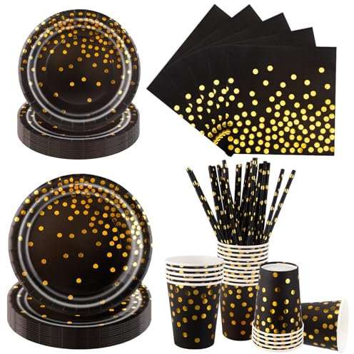 Aitsite 100 Stück Pappteller Set, Schwarz Gold Partyteller Einweggeschirr mit Teller Servietten Strohhalmen und Bechern für Geburtstag Hochzeiten Jubiläums