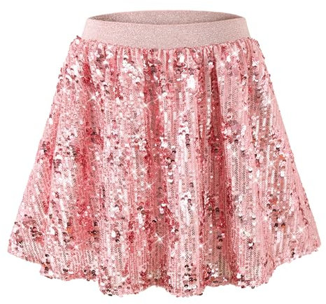 Rolanko Jupe À Sequins pour Filles Taille Élastique Skorts Pailletés Plissés avec Doublure pour Danse d'enfants Fête D'Ansversaire De Princesse, Rose, 5-6 Ans/120