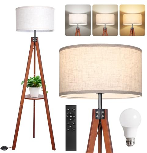 OUTON Wood Tripod Floor Lamp with Shelves, Standing Lamp with Fabric Lampshade, Dimmable & 3000K-6000K Adjustable Color Temperatures, Bulb Included, 1H Timer, for Living Room, Bedroom, Office, Walnut