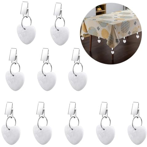 ZVO 10 Stück Tischdeckenbeschwerer, Tischdeckengewichte mit Clips Draußen, Tischdecken Beschwerer aus Naturstein mit Klammer für Tischplatten im Garten, Picknick,Party,Küche,Esszimmer(Herz)