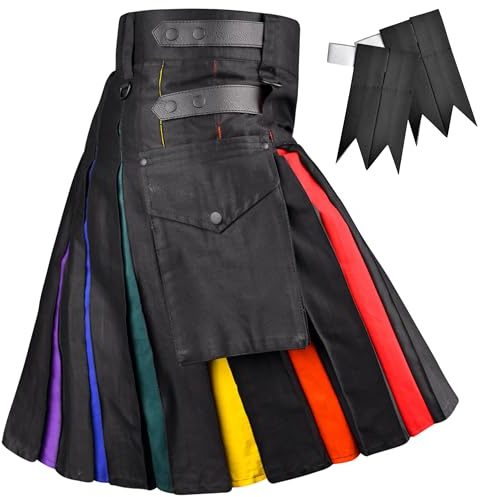 Hybrid Rainbow Pride Utility Kilt Modern Style Scottish Kilt for Parades and Everyday Wear.(US, Numeric, 30, 32, Regular, Regular, Rainbow Kilt)