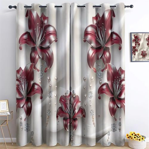 Vorhänge Blickdichte mit Ösen Gardinen H166 x B75 cm (2er Pack), Orientalische Seidenblumen Verdunkelungsvorhang Thermovorhang für Schlafzimmer Wohnzimmer Weiß