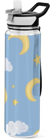 Mnsruu Bouteille d'eau transparente avec paille - Bouteille d'eau étanche - En plastique Tritan sans BPA - Motif nuages, lune, étoiles - Pour le sport, le bureau, l'école - 1 litre