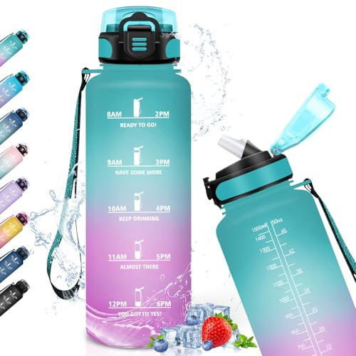 Botella 1,5 Litros, Botella Agua con Pajita, Botella Agua Gimnasio con Marca de Tiempo, Botella Agua Grande, Botella Reutilizable a Prueba de Fugas, Botella de Agua para Gimnasio, Ciclismo, Yoga