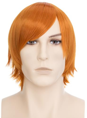 PARXITN Halloween Cosplay Wigs Gerade Anime Perücke für Damen Männer Unisex Orange Synthetische Geschichtete kurze Haare Perücken mit Pony für Party Halloween Kostüm