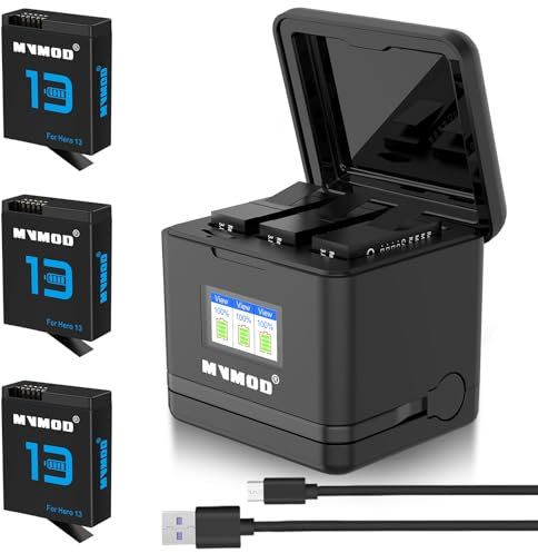 MVMOD for Hero 13 Battery 2300mAh 3 Packs with LCD 3-Channels Fast Charger, 3.89V Replacement Batteries for Hero 13 Action Camera Battery with Type-C Cable (3-Pack)