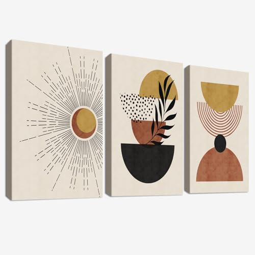 3Pcs Mit Rahmen Leinwand Bilder Beige Ingwer Orange Geometrische Sonne Bild auf Leinwand Malerei Nordischer Minimalist Wandbilder Wohnzimmer Schlafzimmer Badezimmer Wanddeko 90x40cm (12x16x3pcs)